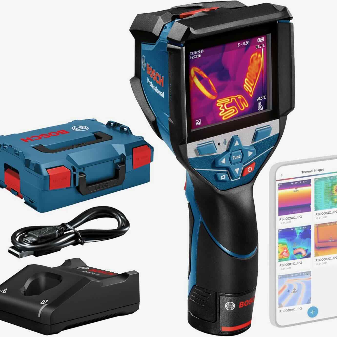 Bosch GTC 600 C Professional Wärmebildkamera mieten von LeihTronik.de für präzise Thermografie. Die Thermografie-Aufnahme auf dem Display der Bosch GTC 600 C zeigt in gelber Farbe die warmen Stellen der Sitzheizung und der Lenkradheizung im Auto.